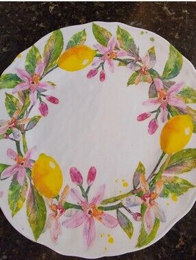 Bungalow by Tahari Home Lemon Floral Set of 4 Melamine 11" Scalloped Dinners New